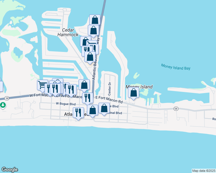 map of restaurants, bars, coffee shops, grocery stores, and more near 115 Center Drive in Atlantic Beach