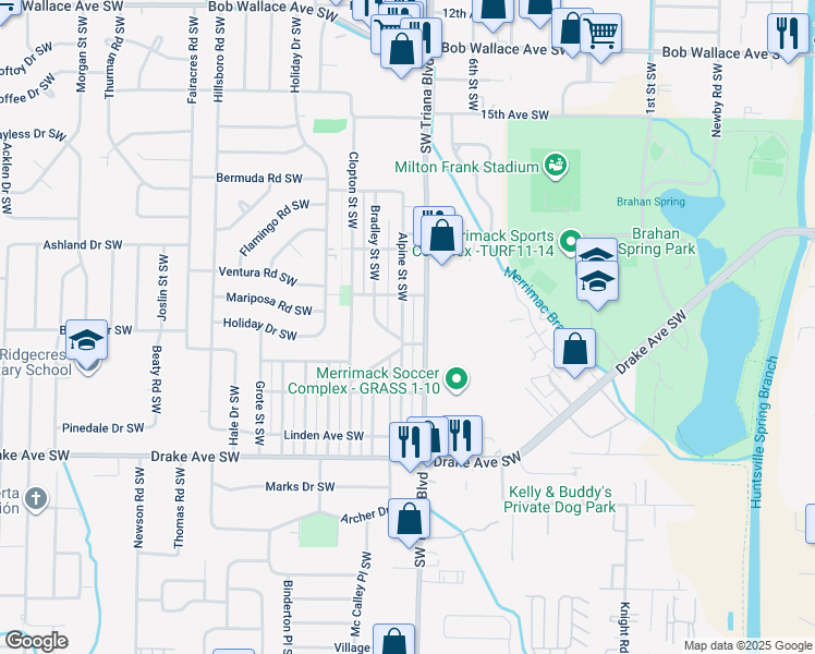 map of restaurants, bars, coffee shops, grocery stores, and more near 3413 Alpine Street Southwest in Huntsville