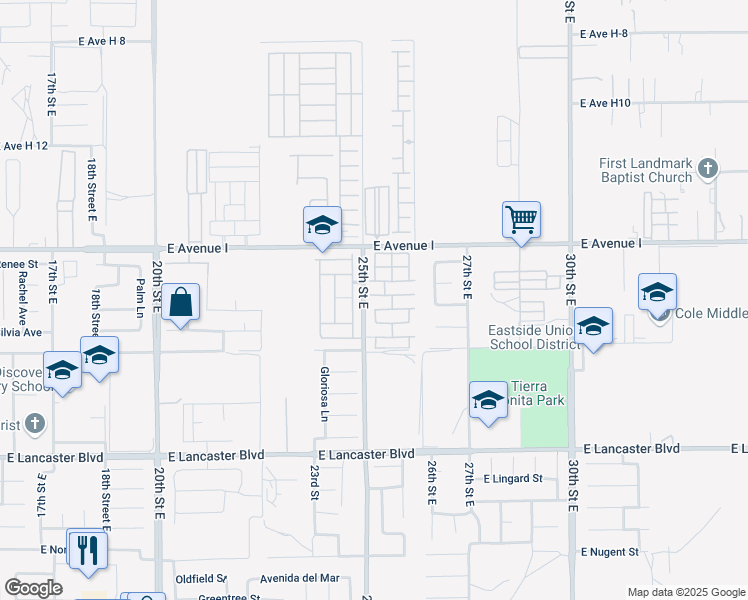map of restaurants, bars, coffee shops, grocery stores, and more near East Avenue H10 in Lancaster