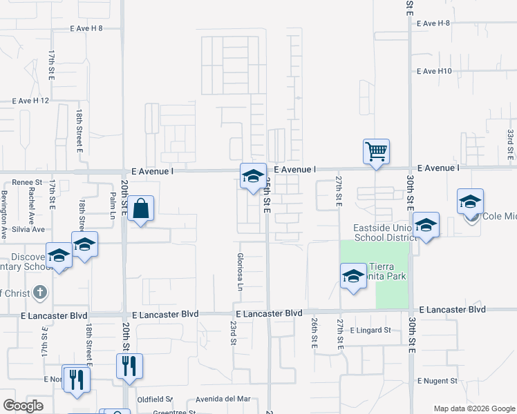 map of restaurants, bars, coffee shops, grocery stores, and more near North East 25th Street in Lancaster