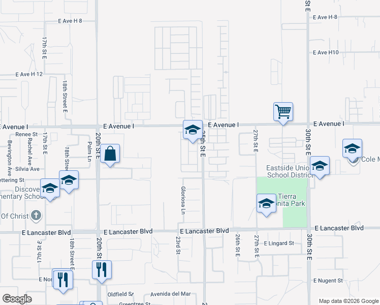 map of restaurants, bars, coffee shops, grocery stores, and more near 45111 25th Street East in Lancaster