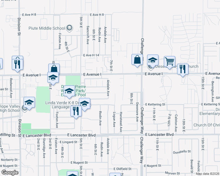 map of restaurants, bars, coffee shops, grocery stores, and more near 45108 Andale Avenue in Lancaster