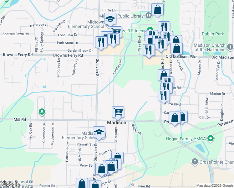 map of restaurants, bars, coffee shops, grocery stores, and more near 132 Sarah Hughes Drive in Madison