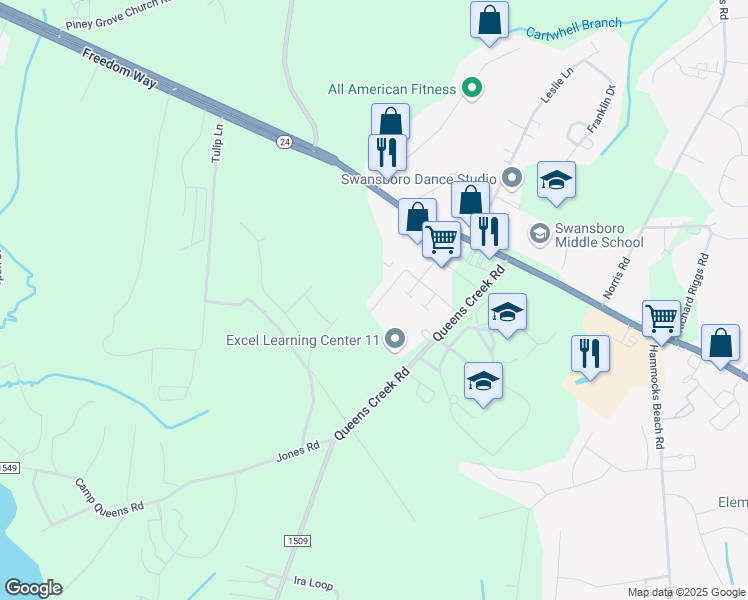map of restaurants, bars, coffee shops, grocery stores, and more near 39 Pirates Cove Drive in Swansboro