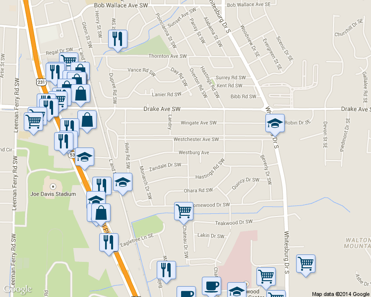 map of restaurants, bars, coffee shops, grocery stores, and more near 316 Westburg Avenue in Huntsville