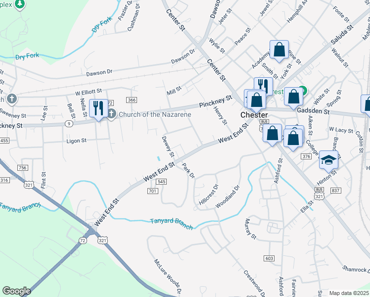 map of restaurants, bars, coffee shops, grocery stores, and more near 153 West End Street in Chester