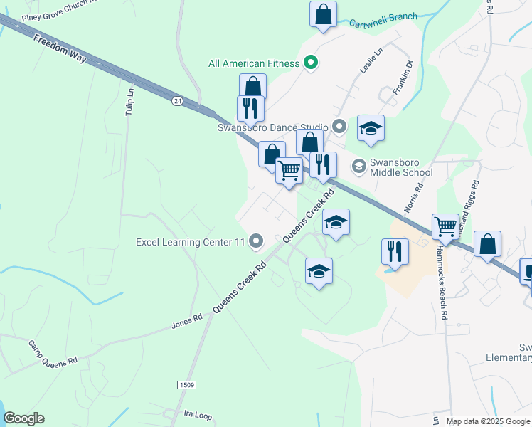 map of restaurants, bars, coffee shops, grocery stores, and more near 77 Crush Court in Swansboro