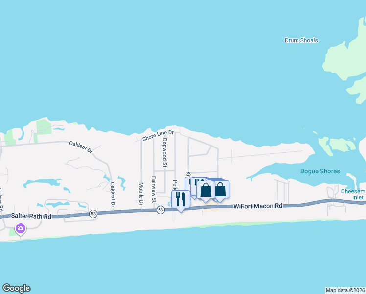 map of restaurants, bars, coffee shops, grocery stores, and more near 405 Knollwood Drive in Atlantic Beach
