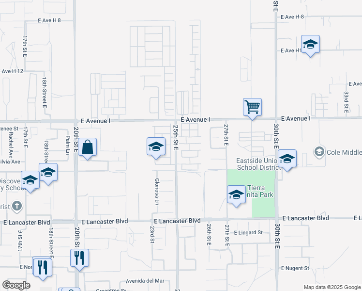 map of restaurants, bars, coffee shops, grocery stores, and more near 2550 East Avenue I in Lancaster