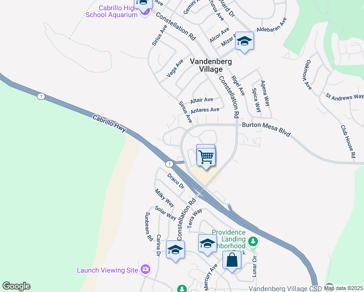 map of restaurants, bars, coffee shops, grocery stores, and more near Burton Mesa Boulevard & Mesa Circle Drive in Lompoc