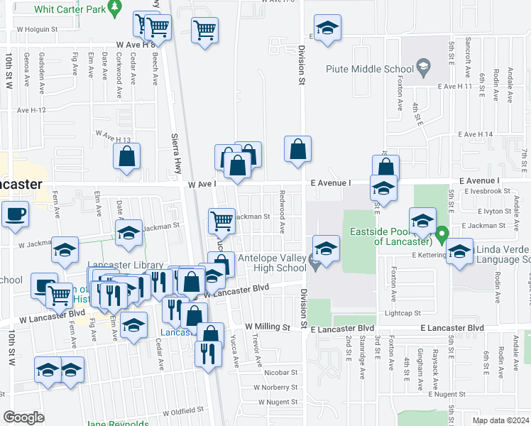 map of restaurants, bars, coffee shops, grocery stores, and more near 45100 Spearman Avenue in Lancaster