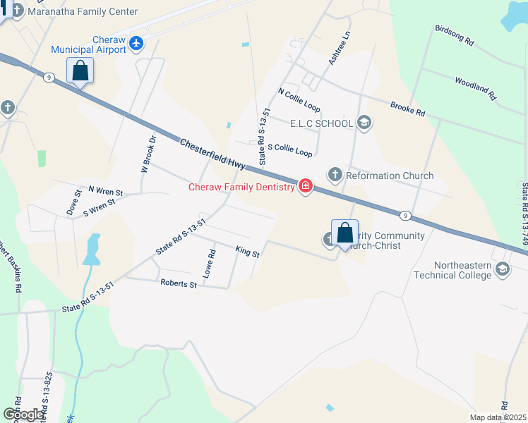 map of restaurants, bars, coffee shops, grocery stores, and more near 127 Basin Drive in Cheraw