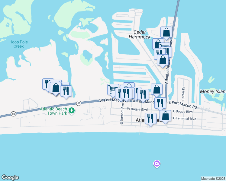 map of restaurants, bars, coffee shops, grocery stores, and more near 410 Davis Boulevard in Atlantic Beach