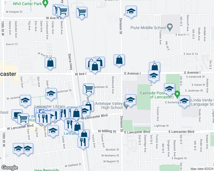 map of restaurants, bars, coffee shops, grocery stores, and more near 45100 Spearman Avenue in Lancaster