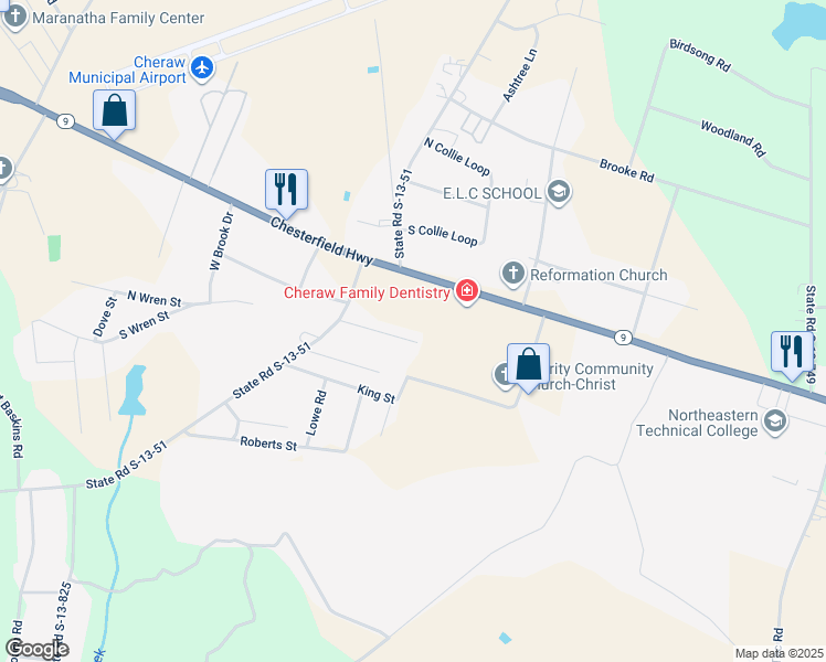 map of restaurants, bars, coffee shops, grocery stores, and more near 127 Basin Drive in Cheraw