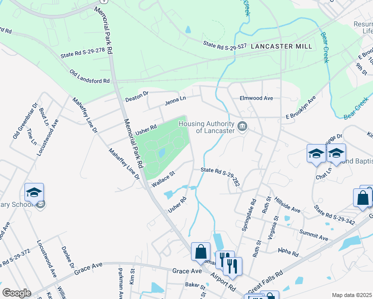 map of restaurants, bars, coffee shops, grocery stores, and more near 1888 Usher Road in Lancaster