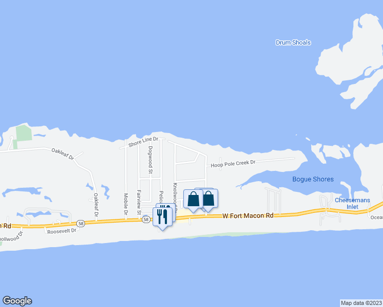 map of restaurants, bars, coffee shops, grocery stores, and more near 203 Forest Knoll Drive in Atlantic Beach