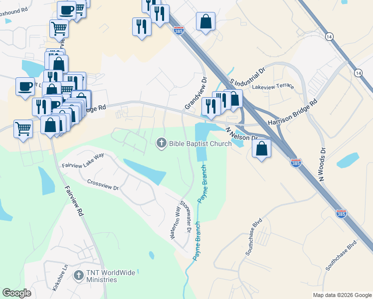 map of restaurants, bars, coffee shops, grocery stores, and more near 102 Waterton Way in Simpsonville