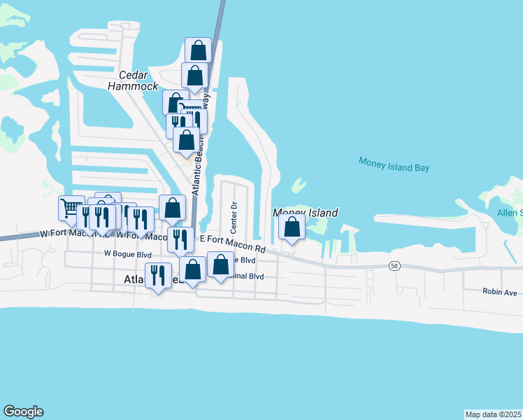 map of restaurants, bars, coffee shops, grocery stores, and more near 123 Bayview Boulevard in Atlantic Beach