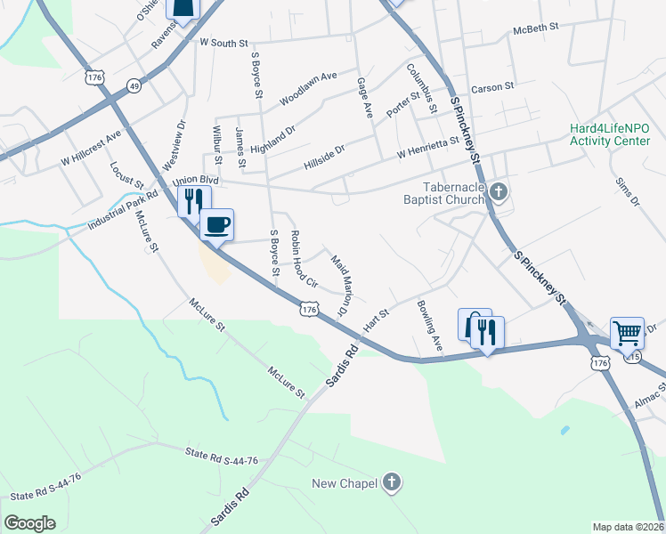 map of restaurants, bars, coffee shops, grocery stores, and more near 207 Maid Marion Drive in Union