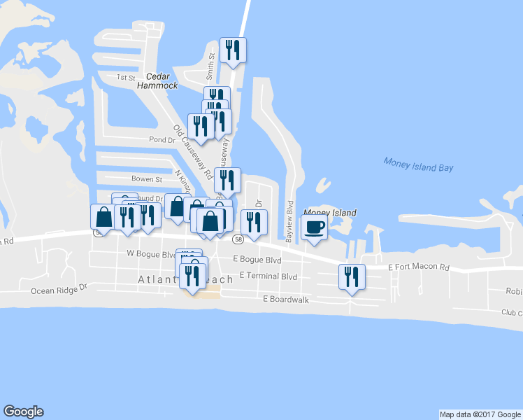 map of restaurants, bars, coffee shops, grocery stores, and more near 116 Center Drive in Atlantic Beach