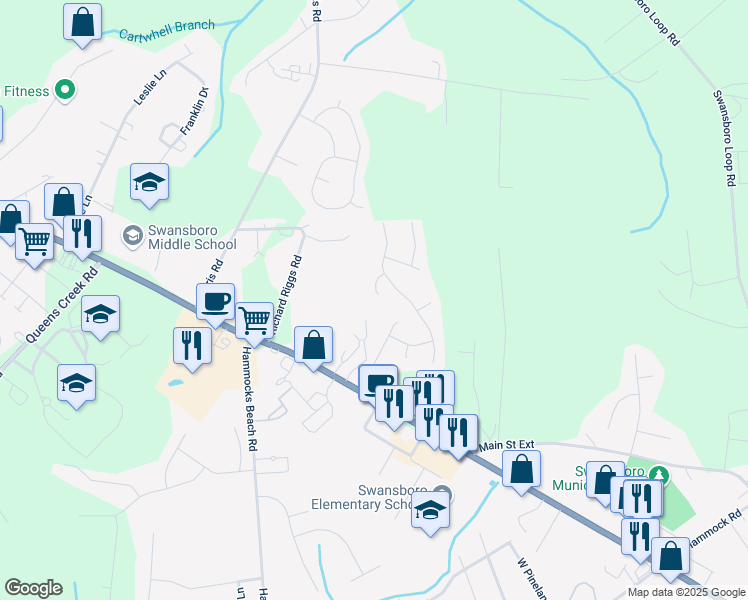 map of restaurants, bars, coffee shops, grocery stores, and more near 610 Spoleto Court in Swansboro