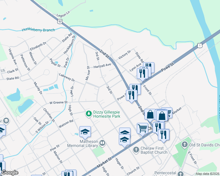 map of restaurants, bars, coffee shops, grocery stores, and more near 420 3rd Street in Cheraw
