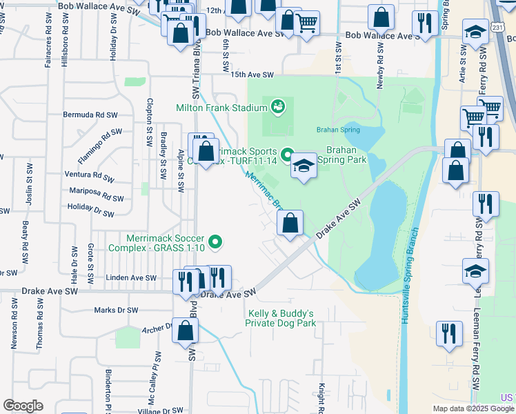 map of restaurants, bars, coffee shops, grocery stores, and more near 8602 Chasewood Drive Southwest in Huntsville