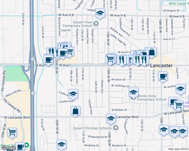 map of restaurants, bars, coffee shops, grocery stores, and more near 45115 16th Street West in Lancaster