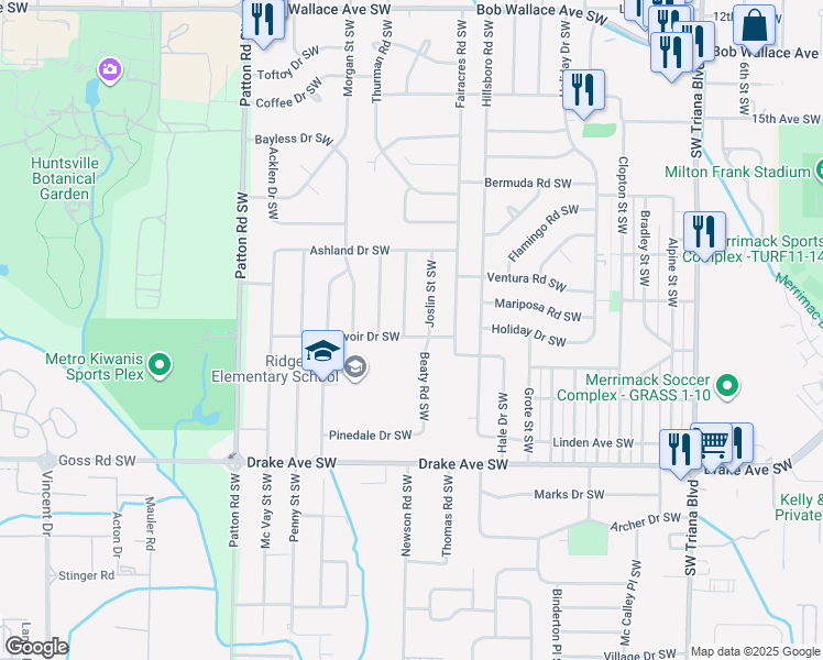 map of restaurants, bars, coffee shops, grocery stores, and more near 3710 Belvoir Drive Southwest in Huntsville