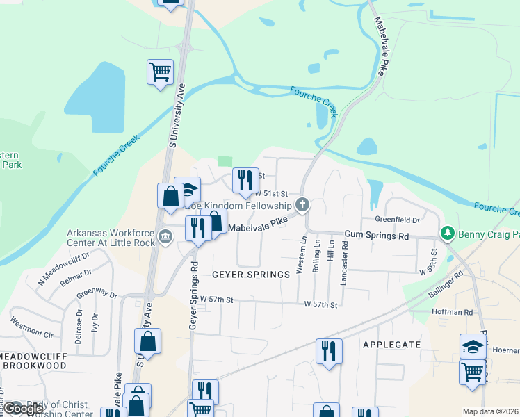 map of restaurants, bars, coffee shops, grocery stores, and more near 5119 Primrose Lane in Little Rock