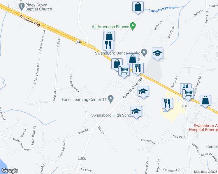 map of restaurants, bars, coffee shops, grocery stores, and more near 50 Pirates Cove Drive in Swansboro
