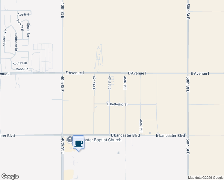 map of restaurants, bars, coffee shops, grocery stores, and more near 45050 43rd Street East in Lancaster