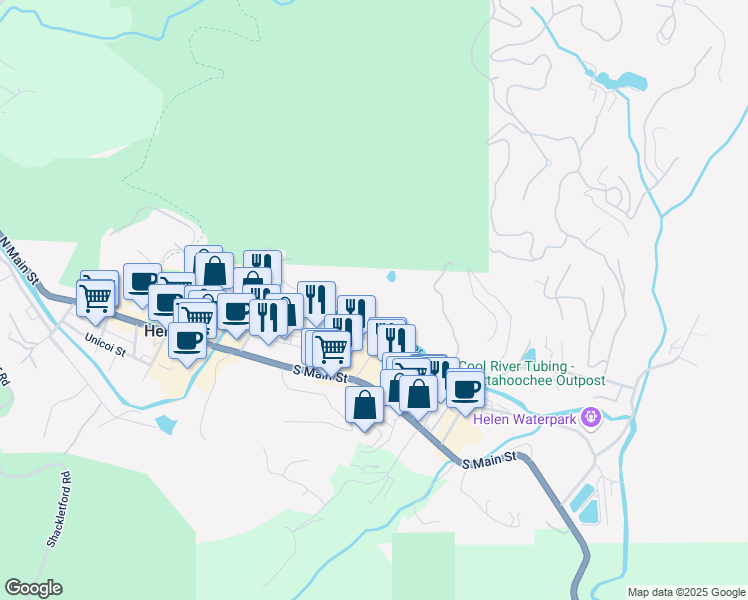 map of restaurants, bars, coffee shops, grocery stores, and more near 630 Chattahoochee Strasse in Helen