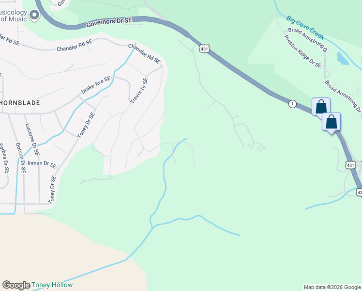 map of restaurants, bars, coffee shops, grocery stores, and more near 1622 Chandler Road Southeast in Huntsville