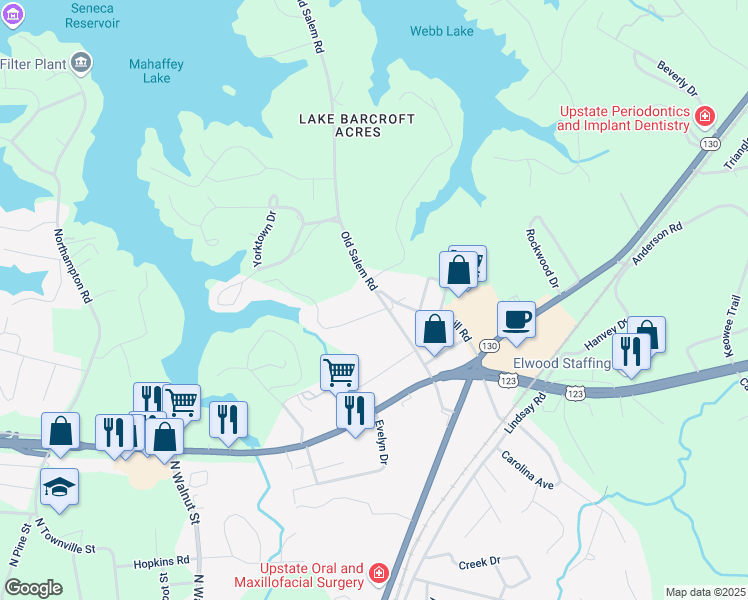 map of restaurants, bars, coffee shops, grocery stores, and more near 313 Old Salem Road in Seneca