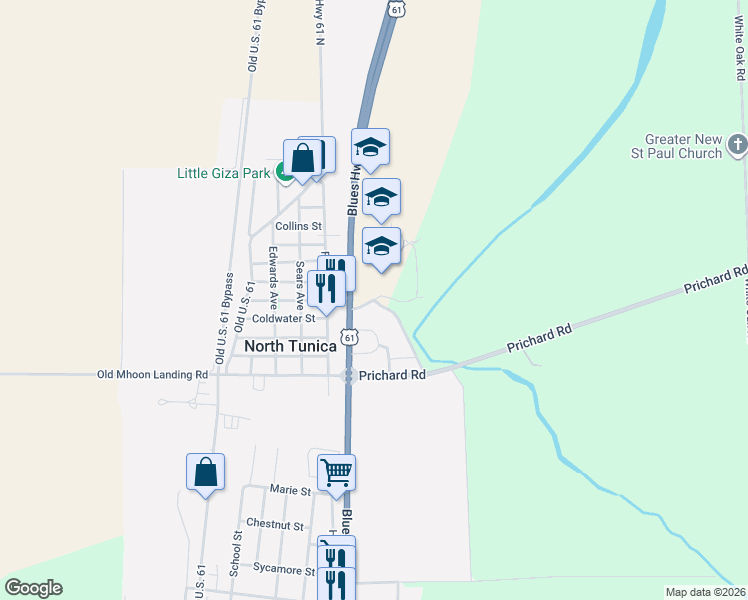 map of restaurants, bars, coffee shops, grocery stores, and more near 1046 Rosa Fort Drive in Tunica