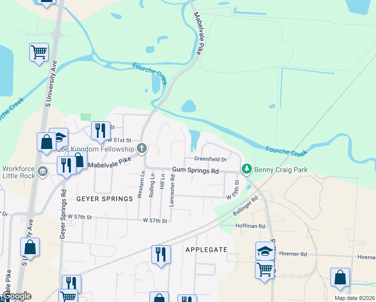map of restaurants, bars, coffee shops, grocery stores, and more near 15 Elmhurst Drive in Little Rock