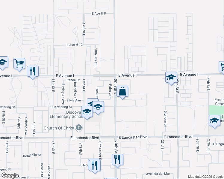 map of restaurants, bars, coffee shops, grocery stores, and more near 45108 Palm Lane in Lancaster
