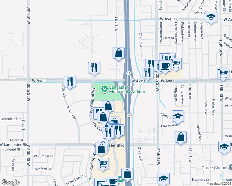 map of restaurants, bars, coffee shops, grocery stores, and more near 45116 Valley Central Way in Lancaster