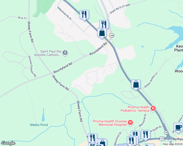 map of restaurants, bars, coffee shops, grocery stores, and more near 38 Angus Run in Seneca