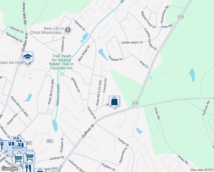 map of restaurants, bars, coffee shops, grocery stores, and more near 114 Forrest Drive in Fountain Inn