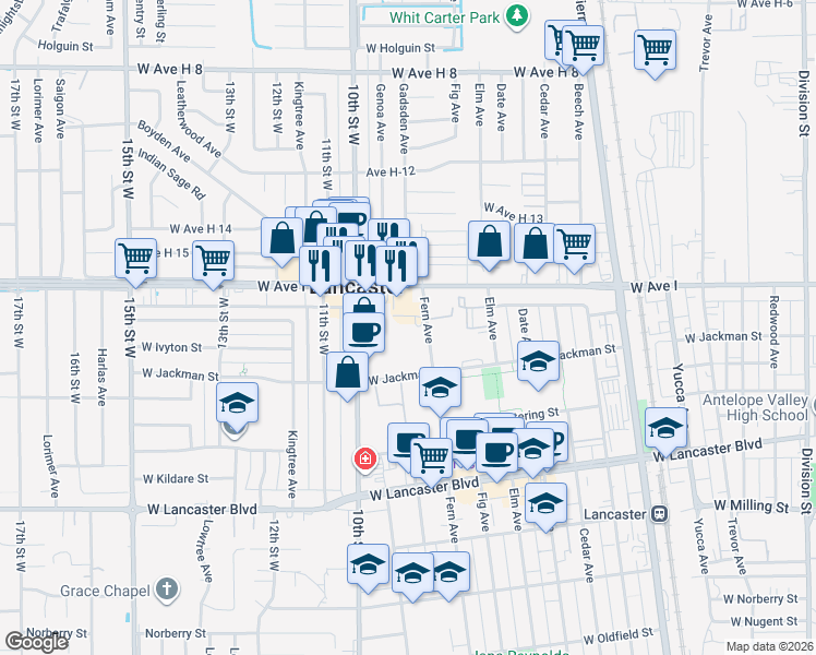map of restaurants, bars, coffee shops, grocery stores, and more near 45151 Fern Avenue in Lancaster