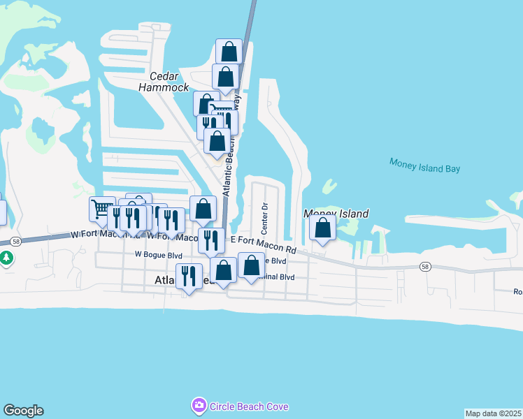 map of restaurants, bars, coffee shops, grocery stores, and more near 116 Center Drive in Atlantic Beach