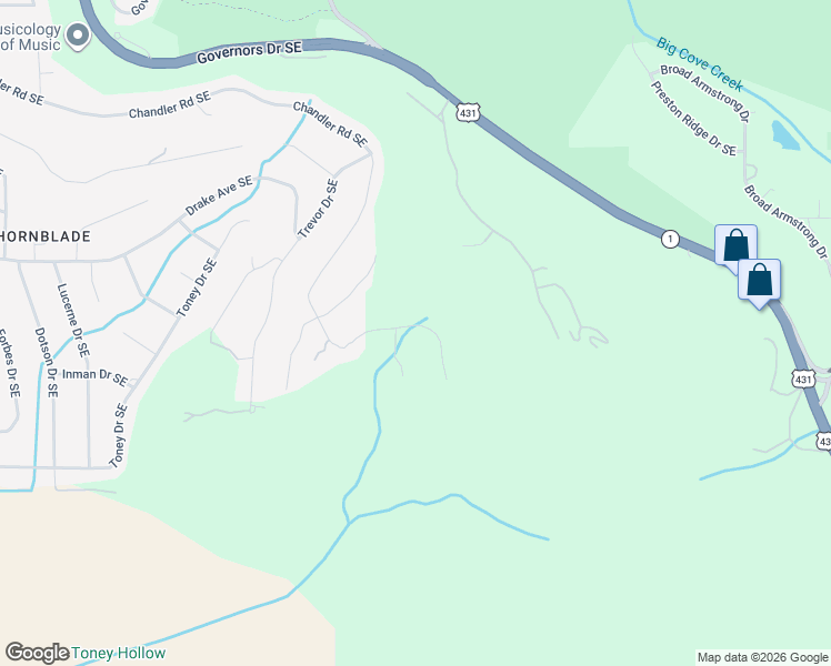 map of restaurants, bars, coffee shops, grocery stores, and more near 1622 Chandler Road Southeast in Huntsville