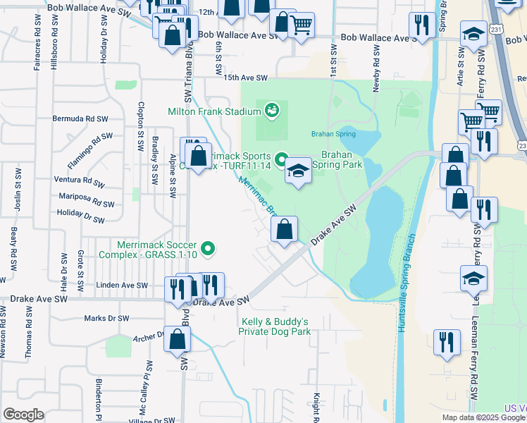 map of restaurants, bars, coffee shops, grocery stores, and more near 8602 Chasewood Drive Southwest in Huntsville