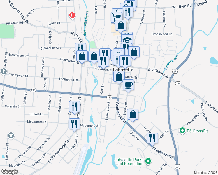 map of restaurants, bars, coffee shops, grocery stores, and more near 306 South Cherokee Street in LaFayette