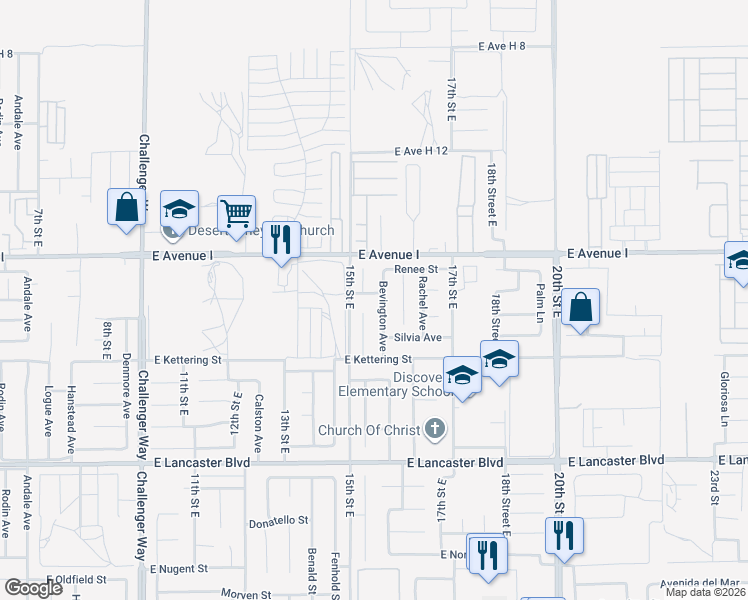 map of restaurants, bars, coffee shops, grocery stores, and more near 1528 Linda Vista Avenue in Lancaster