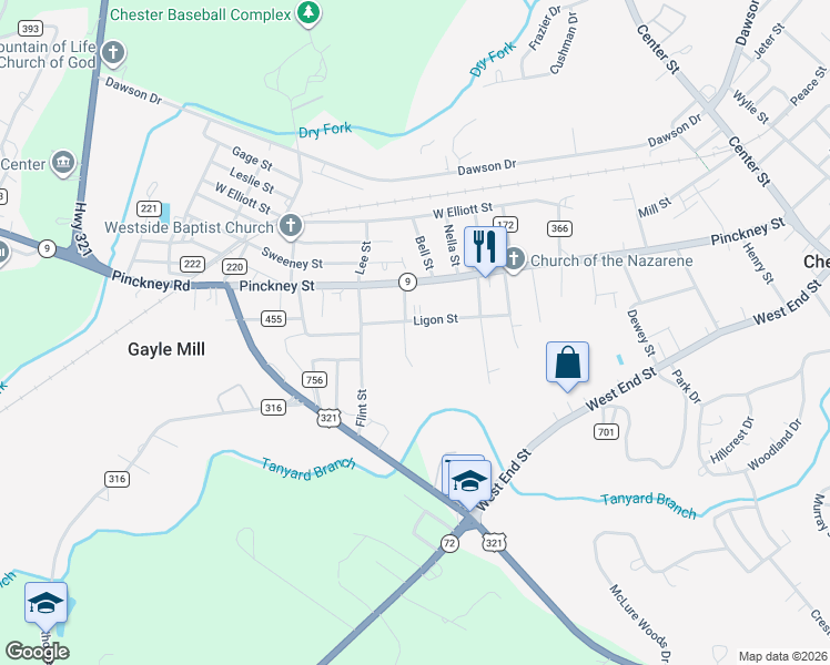 map of restaurants, bars, coffee shops, grocery stores, and more near 222 Ligon Street in Chester