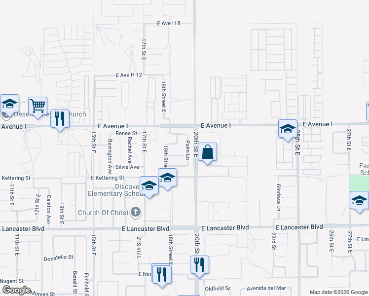 map of restaurants, bars, coffee shops, grocery stores, and more near 45111 Palm Lane in Lancaster